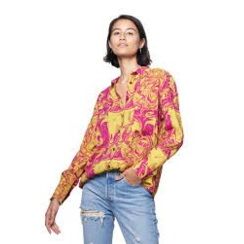 The Kit Zoe Citrus‎ Swirl Print Button Down Shirt Yellow Pink Long Sleeve Size S
